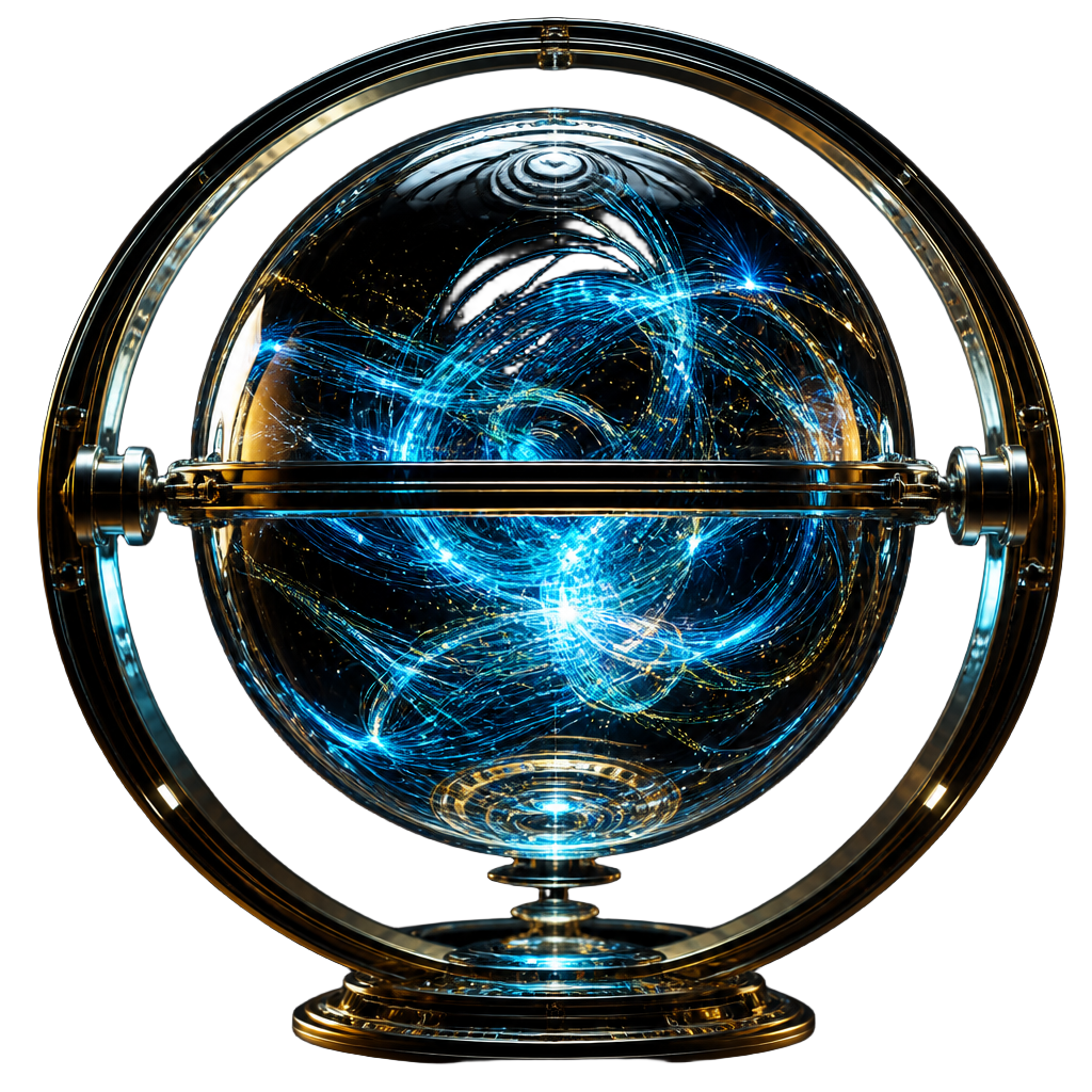 Transparent glass energy core with luminous particle streams drifting inside