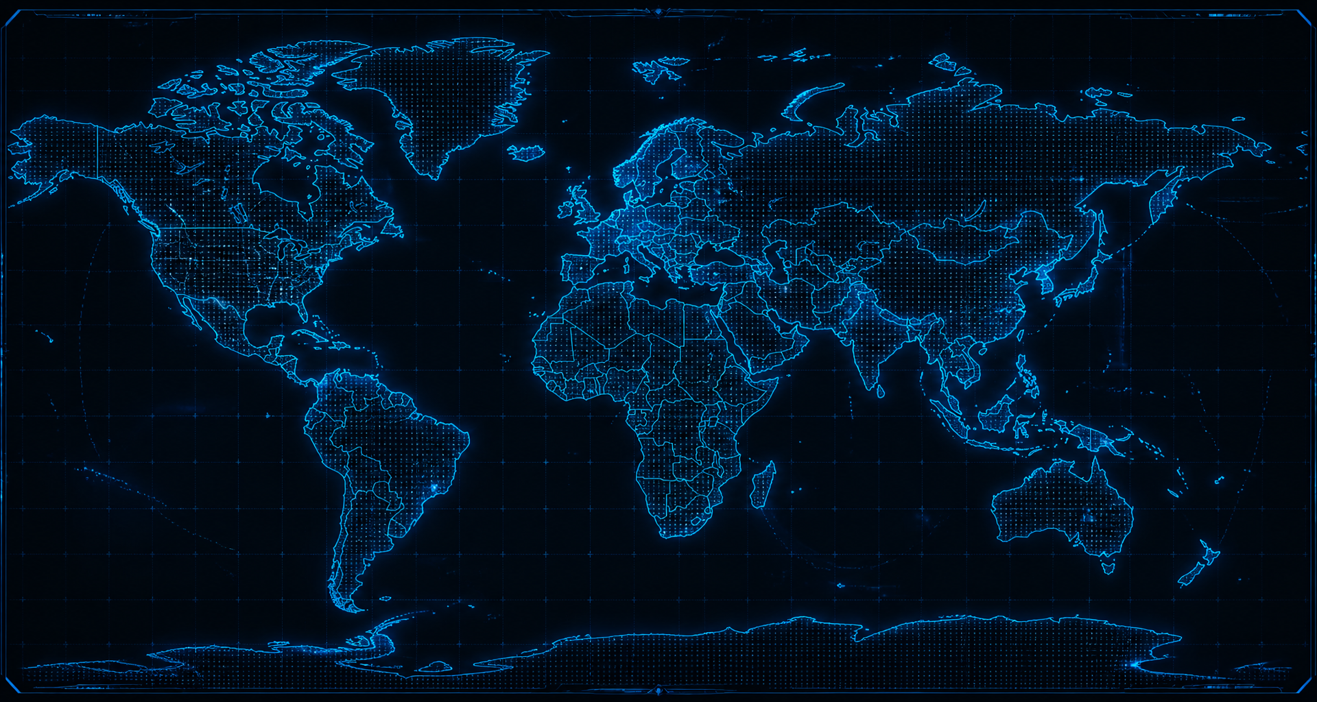 Cyber surveillance world map with glowing continents and radar grid